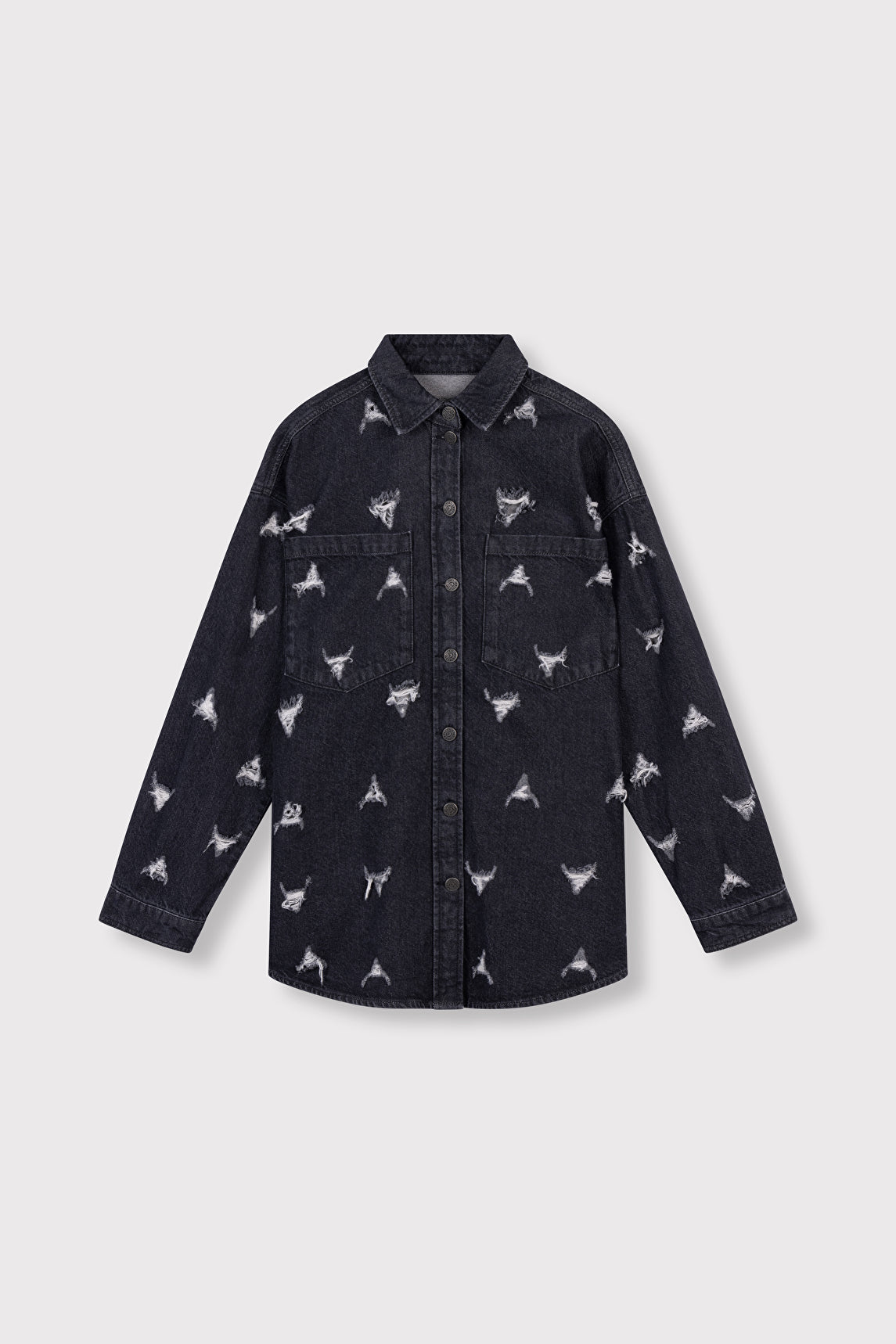 Surchemise en jeans gris avec dessins déchirés têtes de taureaux, alix the label, boutique prêt-à-porter féminin Virton Belgique