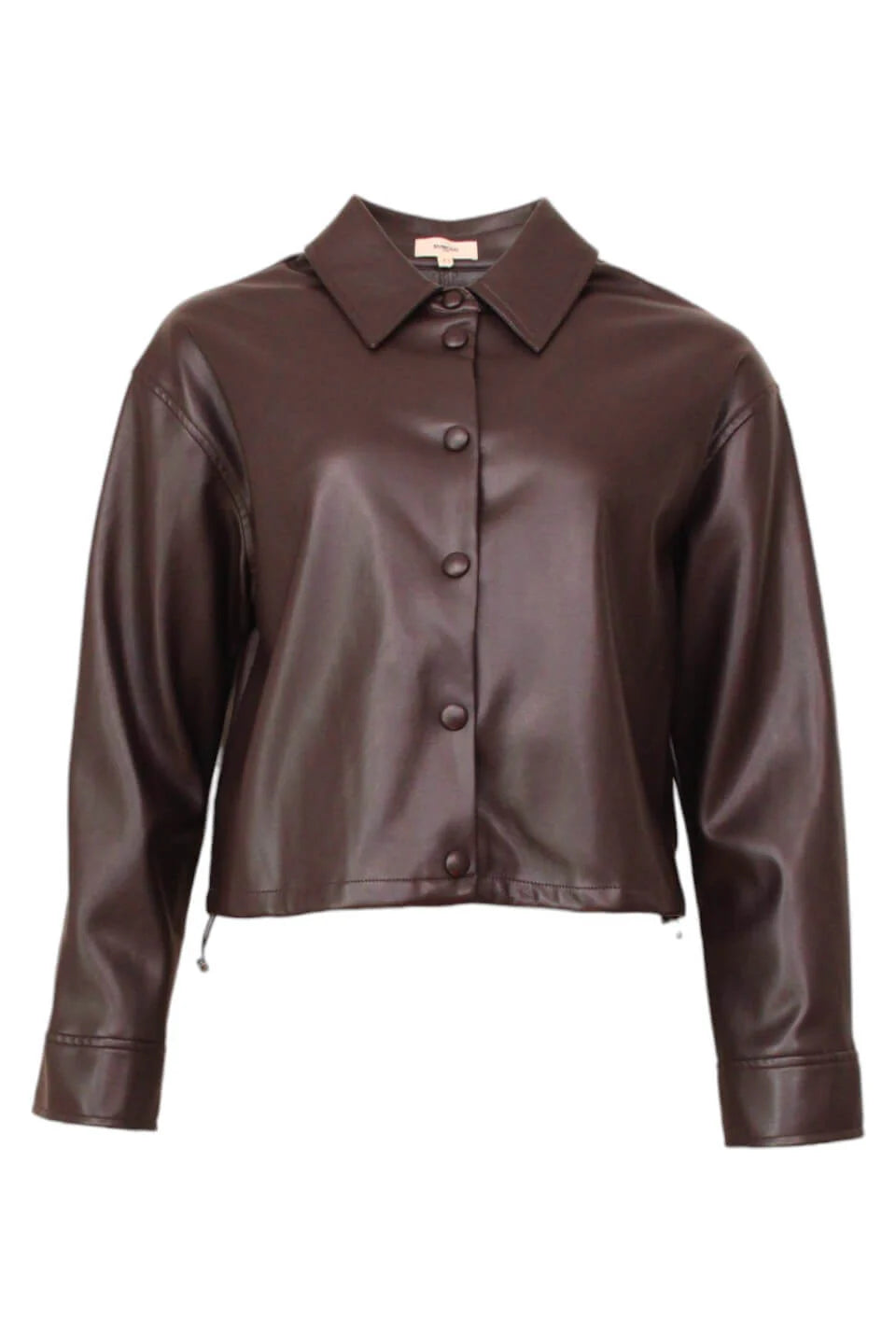 Blouse Lennox Suncoo en simili cuir bordeaux, coupe droite avec col chemise et boutons ton sur ton.