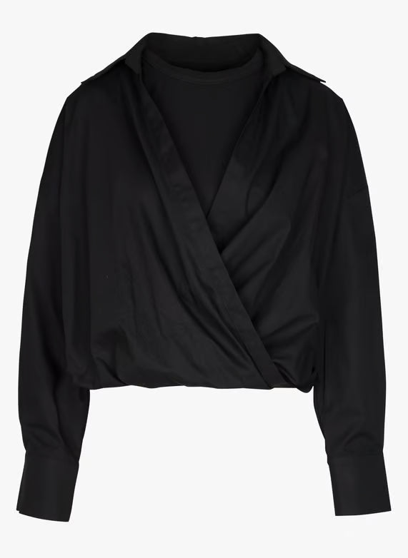 Blouse Lenzo noire coupe ballon et cache-coeur, débardeur intégré.