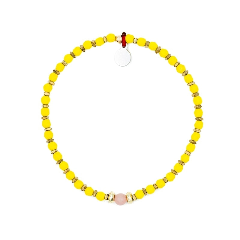Bracelet un tour en perles de bohème jaune avec hématite gold et perle d'opale rose Têtes Blondes