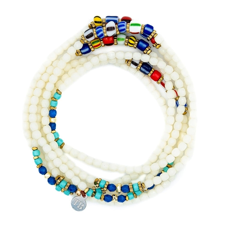 Bracelet 6 tours Vanille et rocailles africaines multicolores têtes blondes