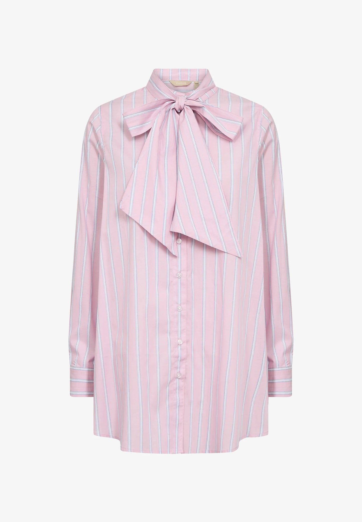 Chemise rose clair avec fines rayures blanches et bleues et col lavallière amovible pour femme