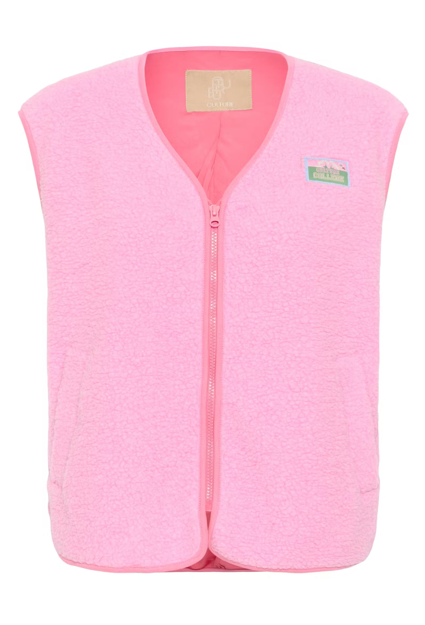 Gilet Catina en teddy rose sans manches avec fermeture zippée et col V, coupe droite et matière texturée et douce