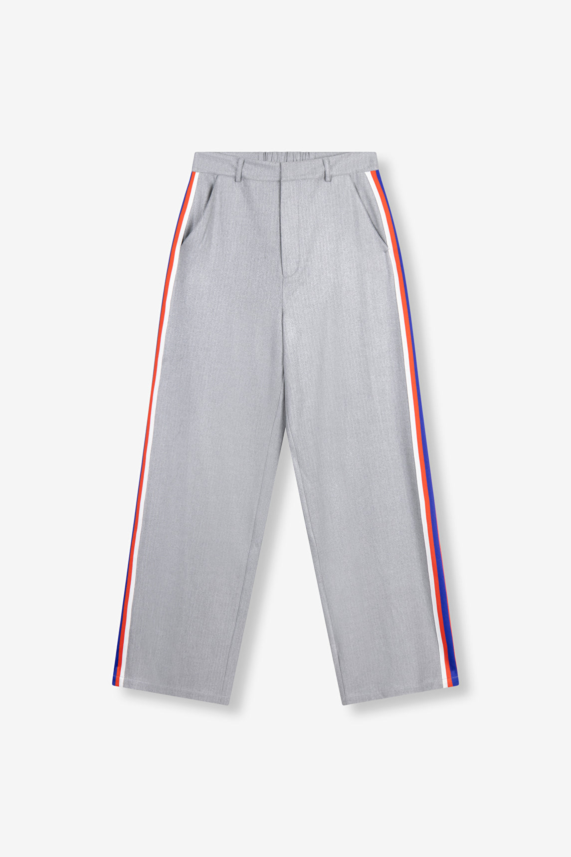 Coated Herringbone Pants Alix The Label en tissu fluide gris avec bandes contrastées sur les côtés