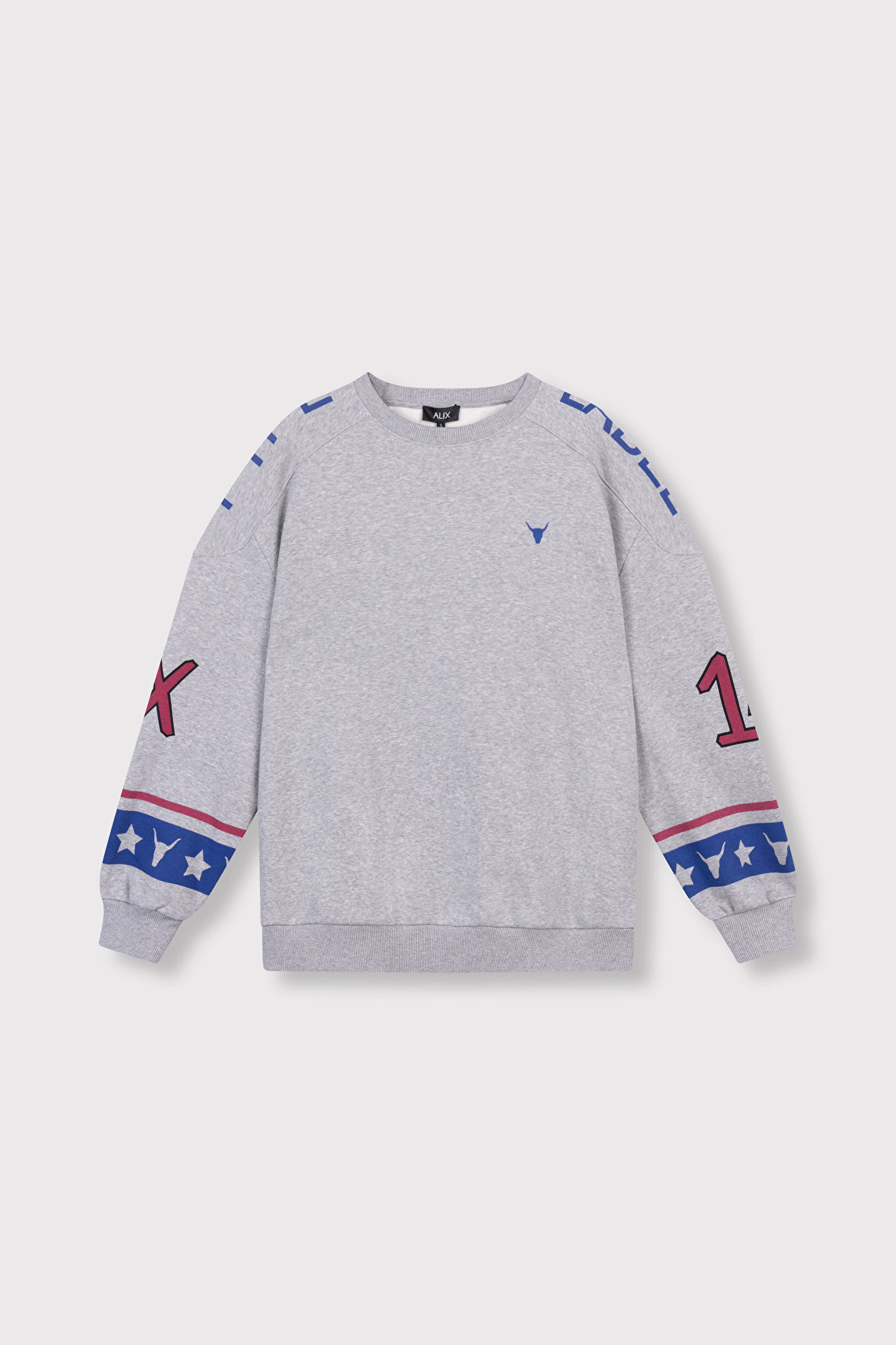 Sweatshirt gris avec logo rouge et bleu pour femme, Alix the Label, boutique Virton Florenville Luxembourg
