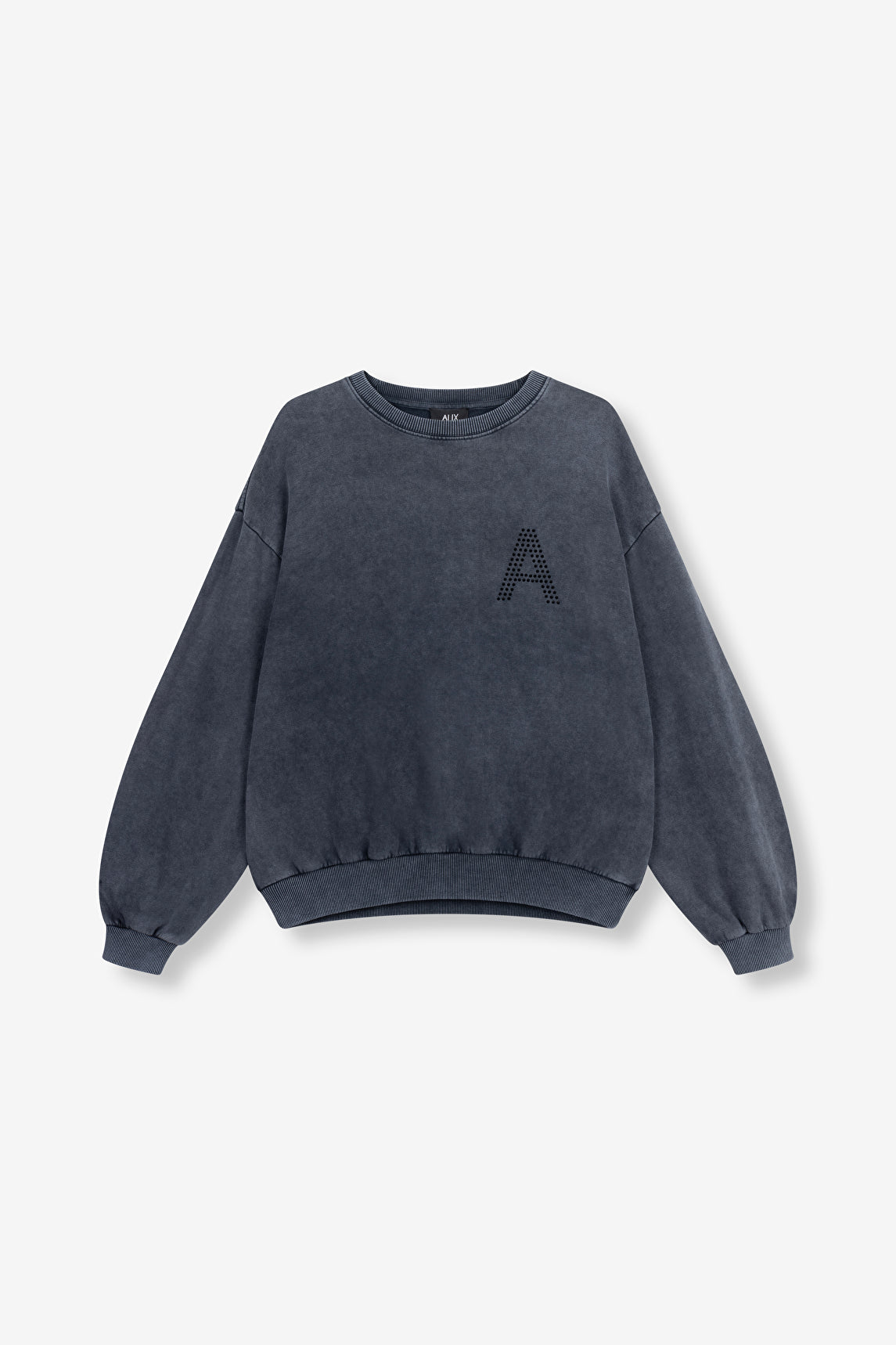 Sweat gris effet acid washed Alix The Label, coupe relaxed, manches longues, col rond avec finitions côtelées et détail strass "A" sur la poitrine.