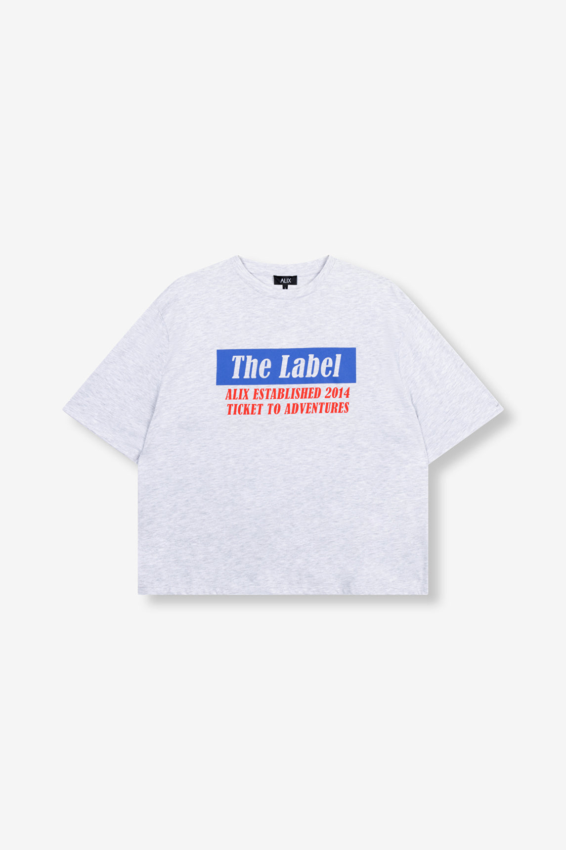 T-shirt gris clair Alix The Label Ticket To Adventures vu de face avec inscription graphique bleue et rouge