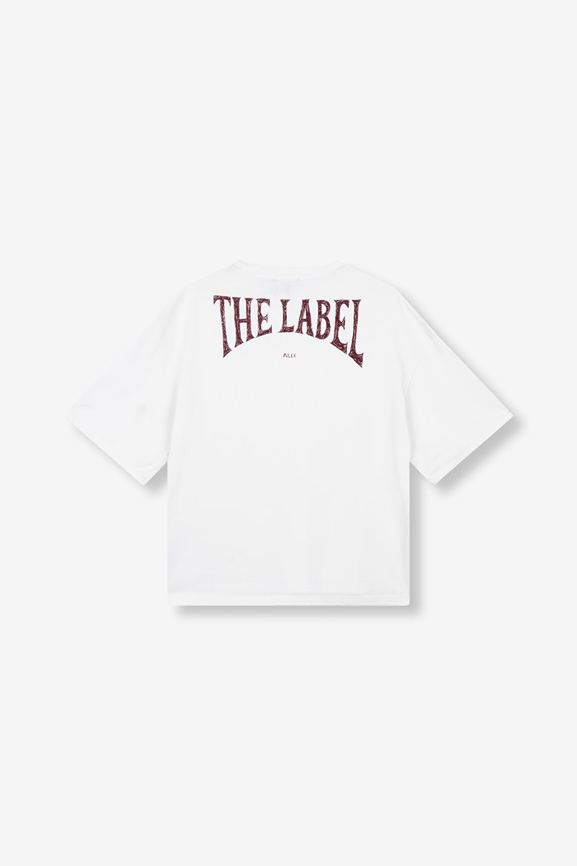 T-shirt blanc ALIX The Label avec logo bordeaux THE LABEL imprimé dans le dos.