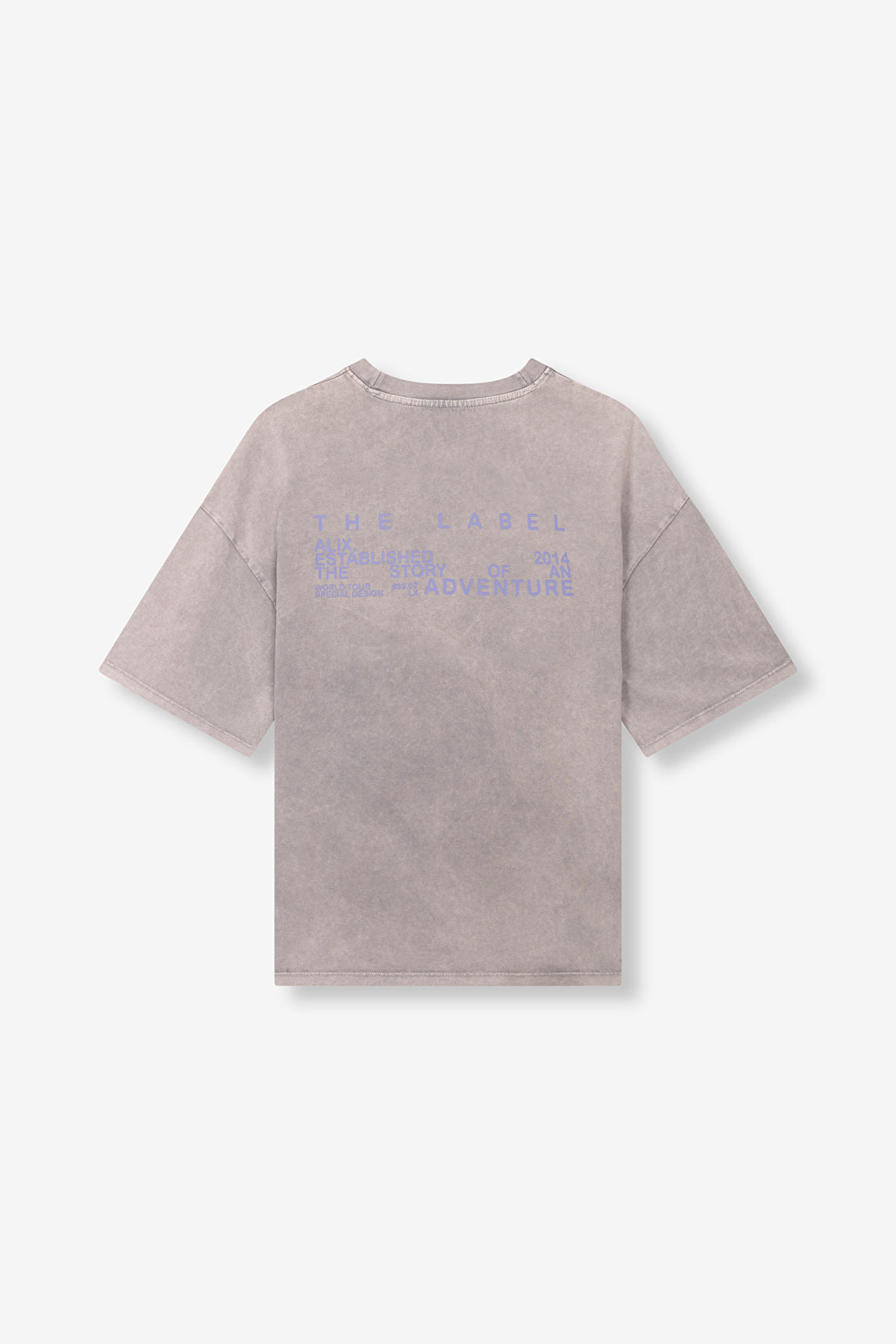 Tee-shirt alix the label gris avec écritures mauves dans le dos
