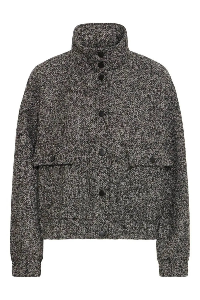 Veste Astrio grise en laine mélangée avec col montant, fermeture à boutons pression et poches à rabat.