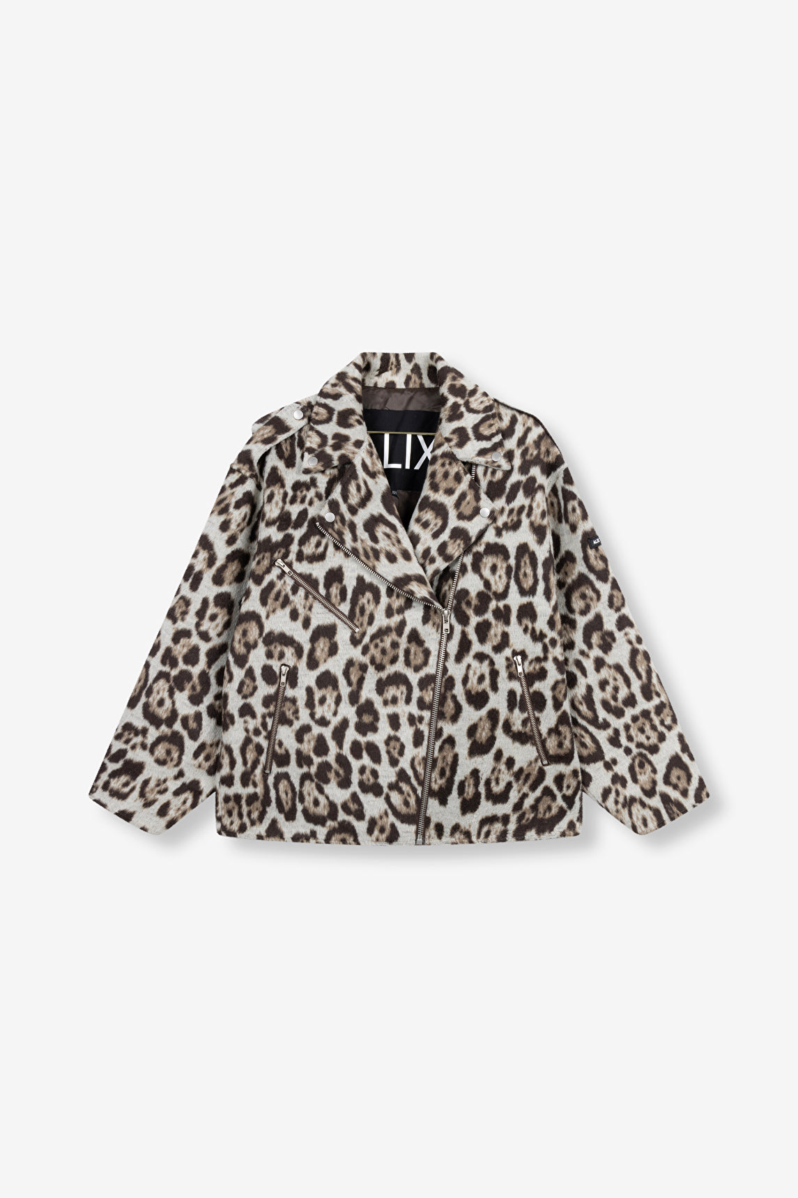 Veste Big Jaguar Alix The Label en tissu doux imprimé léopard avec broderie taureau au dos et fermeture zippée