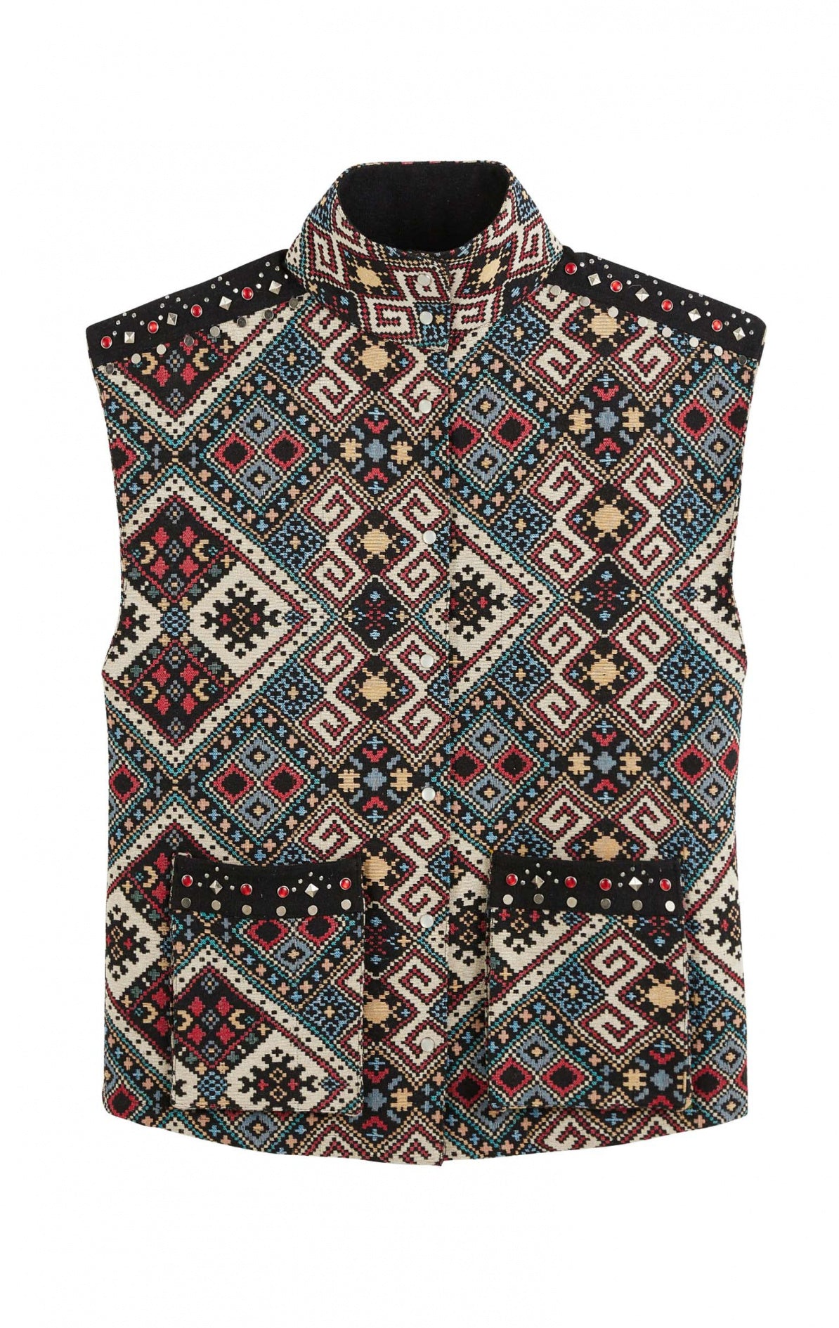 Veste Janna sans manches WILD avec motifs navajos effet kilim, col montant et poches plaquées ornées de studs métalliques et rouges