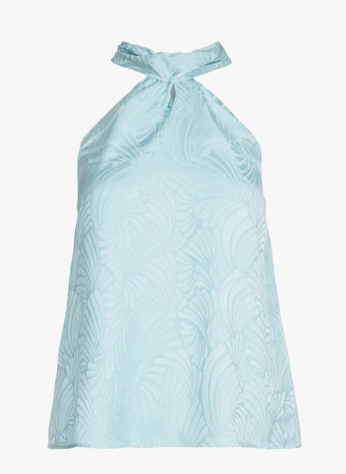 Top bleu ciel emmanchure américaine imprimé feuilles ton sur ton suncoo