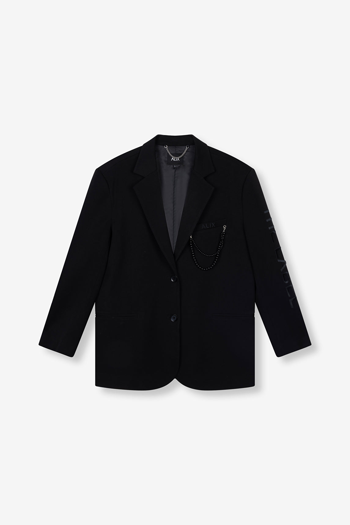Grandad Blazer Black oversize avec chaînes  détachables sur la poche poitrine et broderies ALIX THE LABEL.