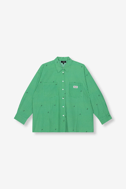 Chemise femme alix the label verte à carreaux blancs et broderies