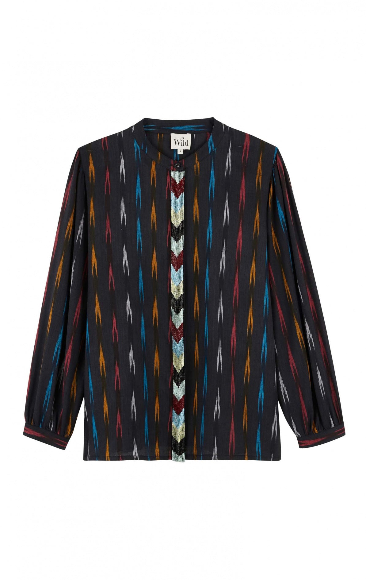 Blouse Mimosa noire en jacquard avec chevrons multicolores et rang de perles brodées au centre