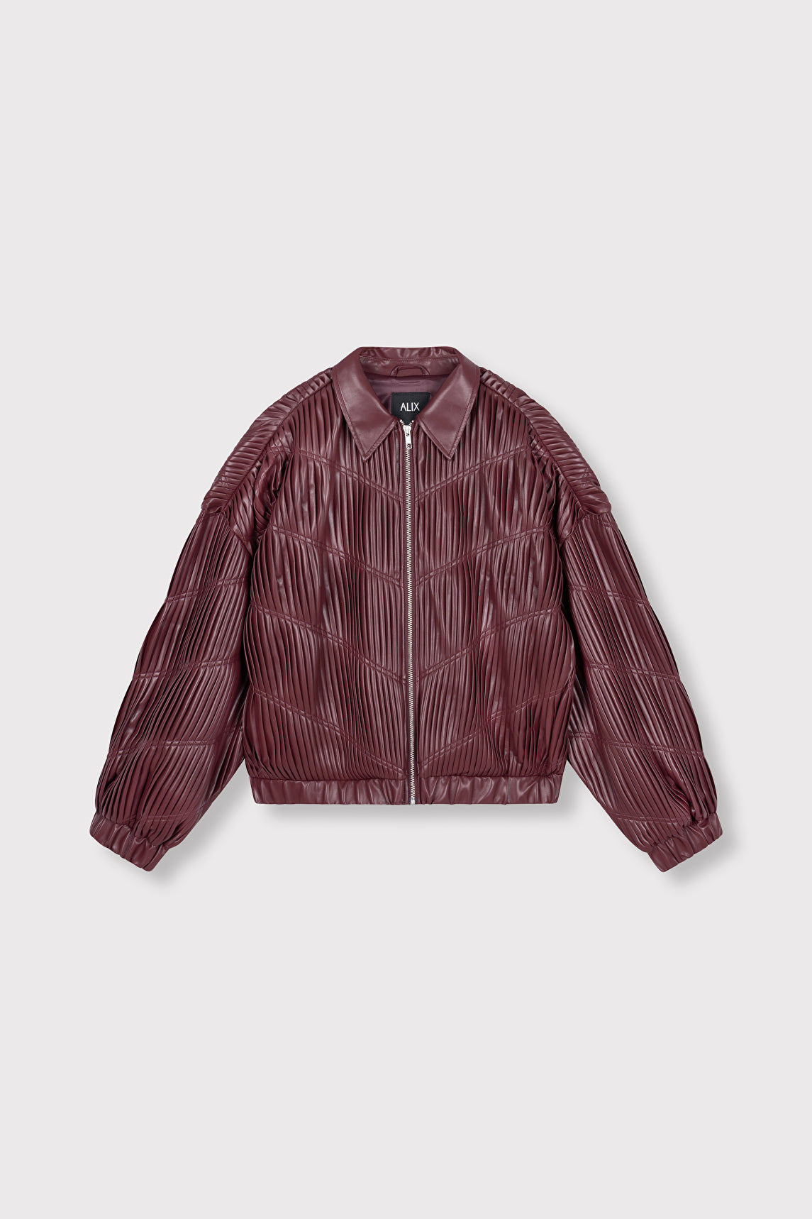 Bomber Pleated bordeaux femme en simili cuir plissé oversize avec broderie ALIX THE LABEL au dos