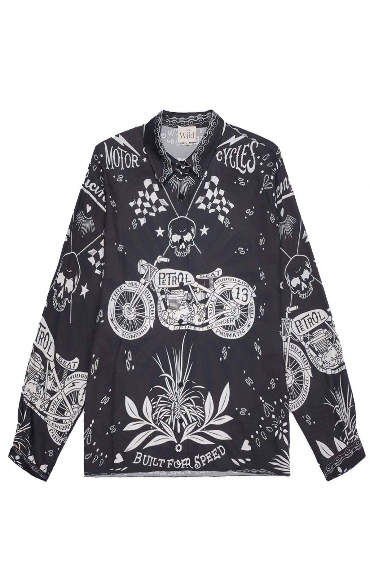 Chemise Bonaventure WILD à manches longues, coupe oversize, en viscose noire avec imprimé bandana biker revisité et détails féminins