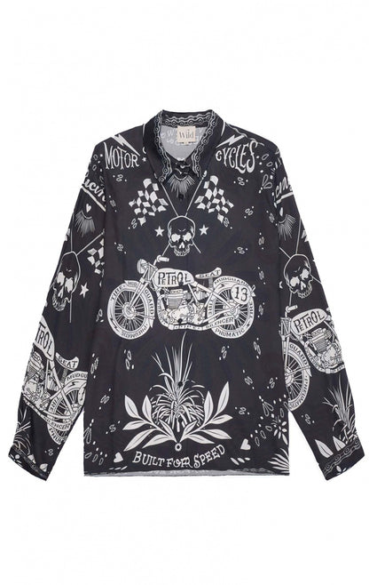 Chemise Bonaventure WILD à manches longues, coupe oversize, en viscose noire avec imprimé bandana biker revisité et détails féminins