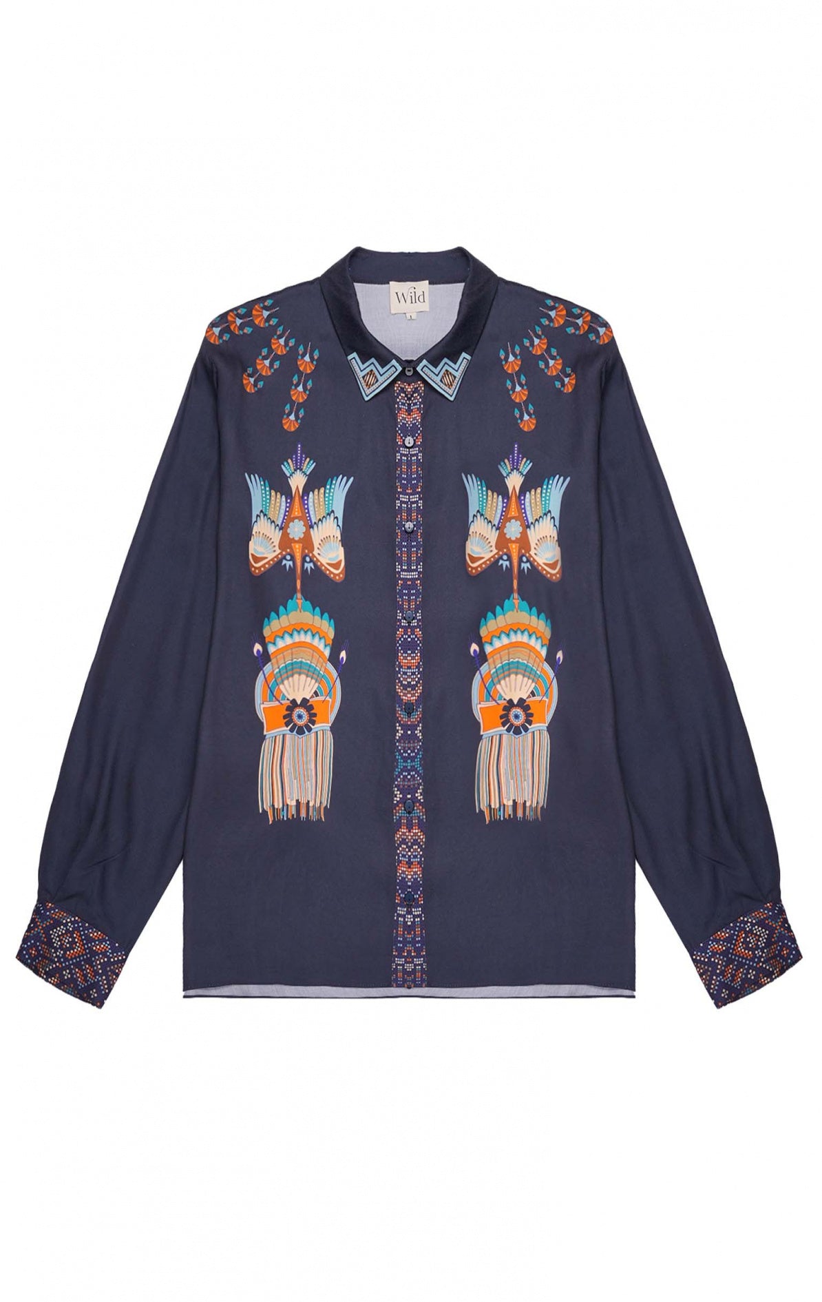 Chemise Bonaventure Western WILD en bleu marine, coupe oversize, col orné d'imprimés bijou et patte de boutonnage ton sur ton avec poignets imprimés