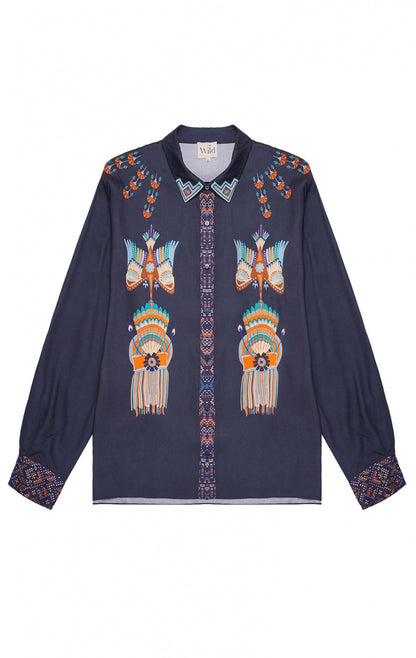 Chemise Bonaventure Western WILD en bleu marine, coupe oversize, col orné d'imprimés bijou et patte de boutonnage ton sur ton avec poignets imprimés