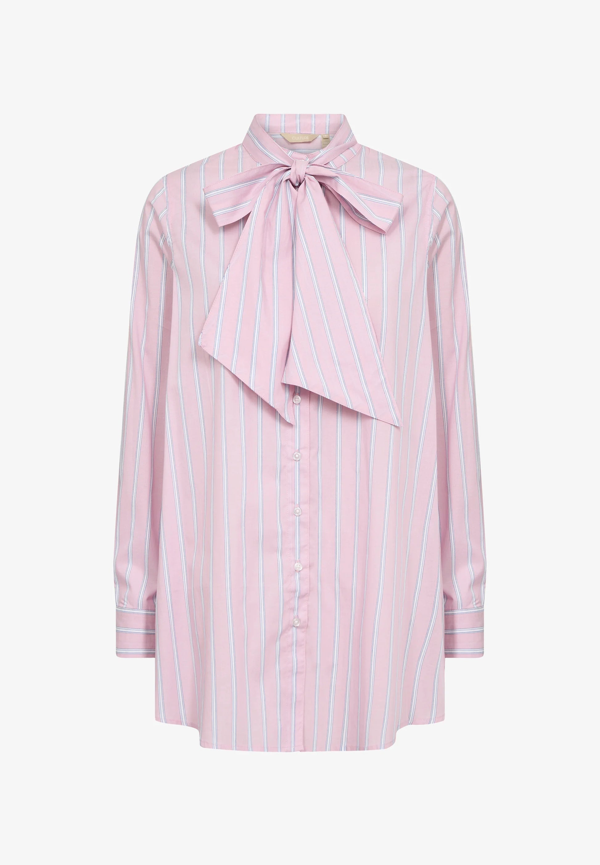 Chemise rose clair avec fines rayures blanches et bleues et col lavallière amovible pour femme