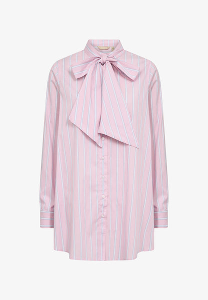 Chemise rose clair avec fines rayures blanches et bleues et col lavallière amovible pour femme