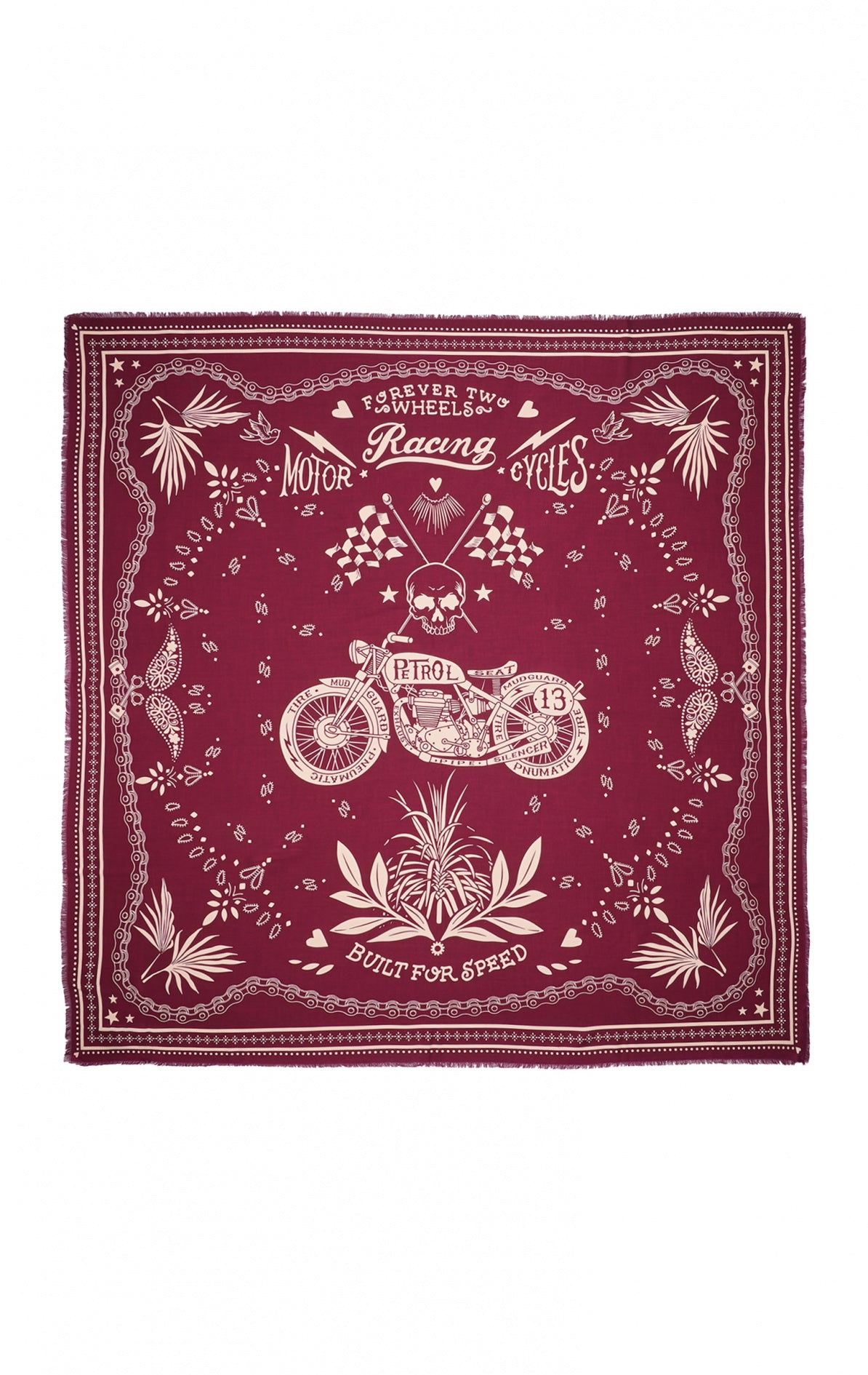 Foulard bandana Wild en 100% viscose, coloris bordeaux, imprimé biker avec moto, tête de mort et fleurs, format 130x130cm