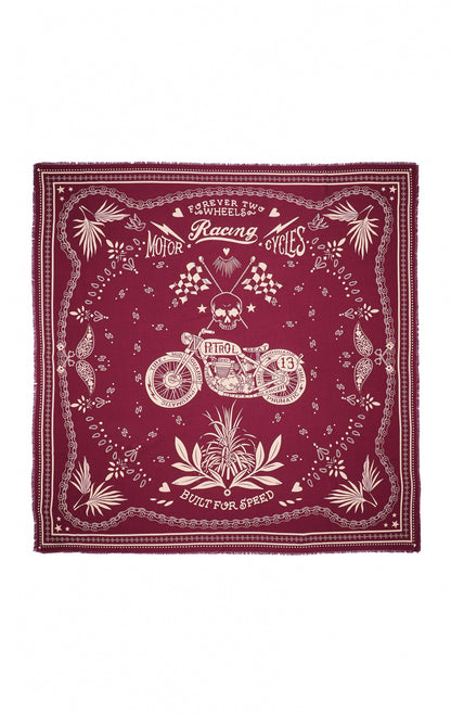 Foulard bandana Wild en 100% viscose, coloris bordeaux, imprimé biker avec moto, tête de mort et fleurs, format 130x130cm