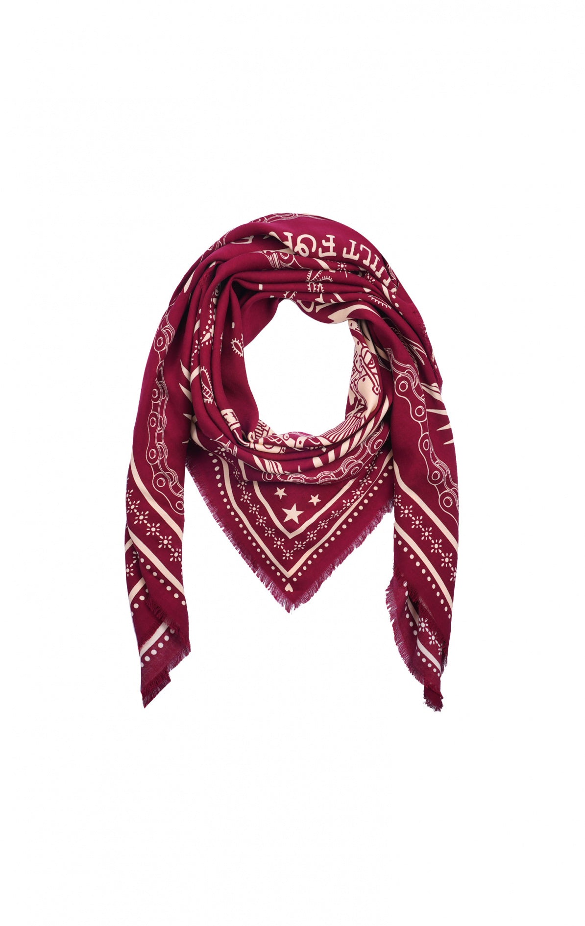 Foulard bandana Wild en 100% viscose, coloris bordeaux, imprimé biker avec moto, tête de mort et fleurs, format 130x130cm