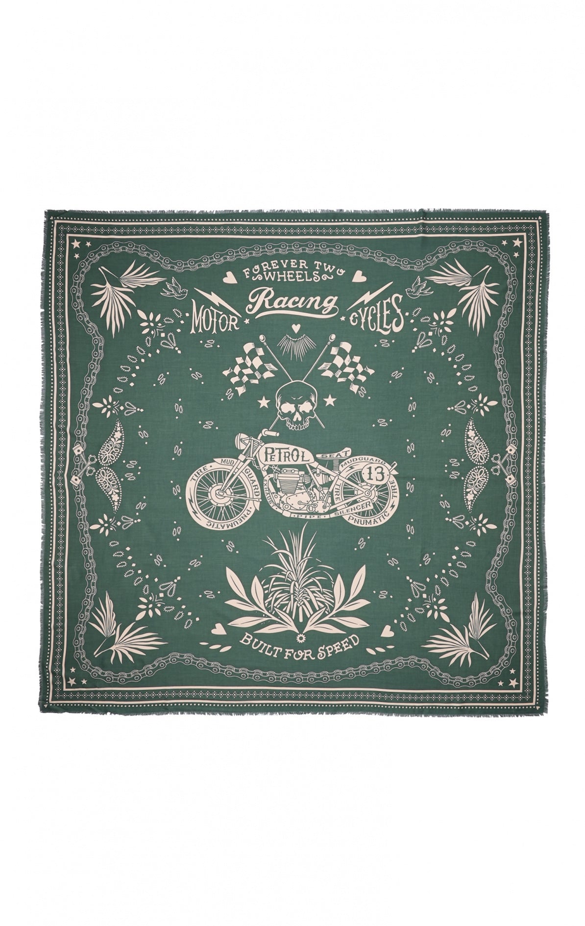 Foulard bandana Wild en 100% viscose, coloris kaki, imprimé biker avec moto, tête de mort et fleurs, format 130x130cm