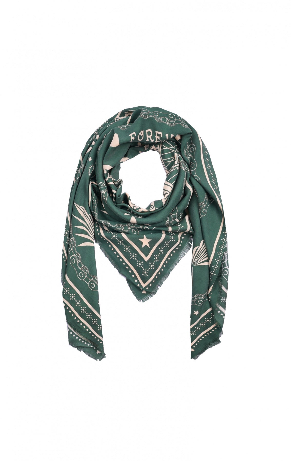 Foulard bandana Wild en 100% viscose, coloris kaki, imprimé biker avec moto, tête de mort et fleurs, format 130x130cm