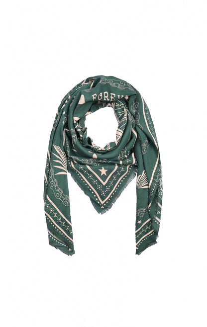 Foulard bandana Wild en 100% viscose, coloris kaki, imprimé biker avec moto, tête de mort et fleurs, format 130x130cm