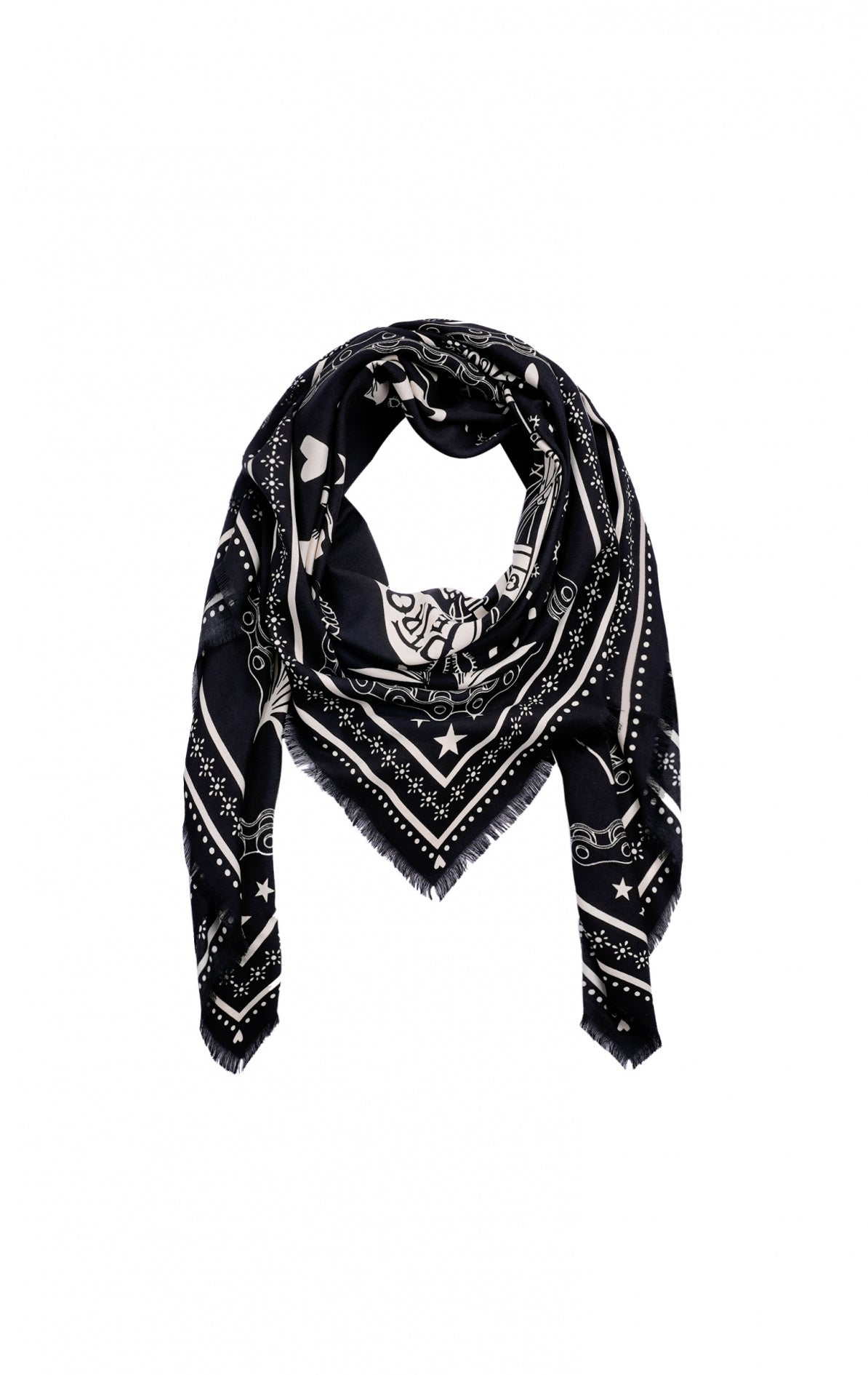 Foulard bandana Wild en 100% viscose, coloris noir, imprimé biker avec moto, tête de mort et fleurs, format 130x130cm