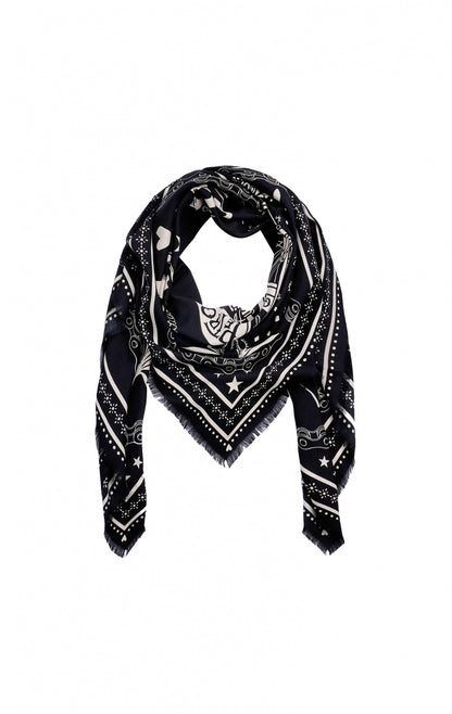 Foulard bandana Wild en 100% viscose, coloris noir, imprimé biker avec moto, tête de mort et fleurs, format 130x130cm