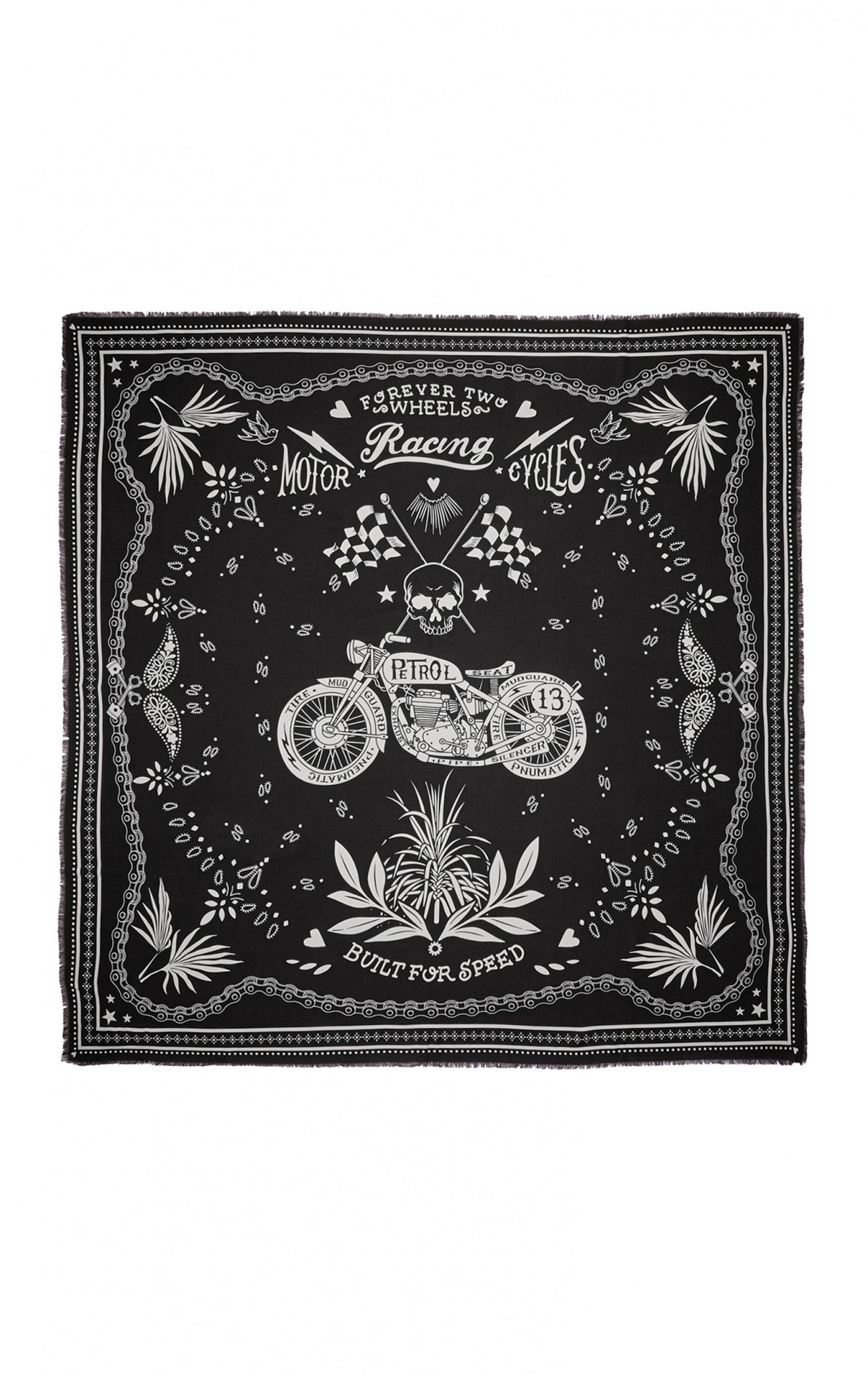 Foulard bandana Wild en 100% viscose, coloris noir, imprimé biker avec moto, tête de mort et fleurs, format 130x130cm