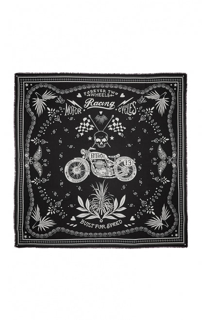Foulard bandana Wild en 100% viscose, coloris noir, imprimé biker avec moto, tête de mort et fleurs, format 130x130cm