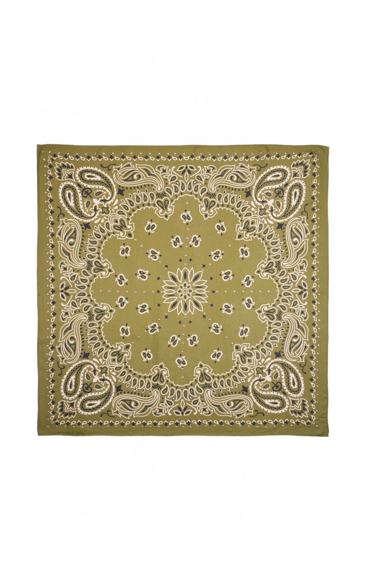 Foulard carré kaki à motif paisley avec décorations sinueuses et studs métalliques