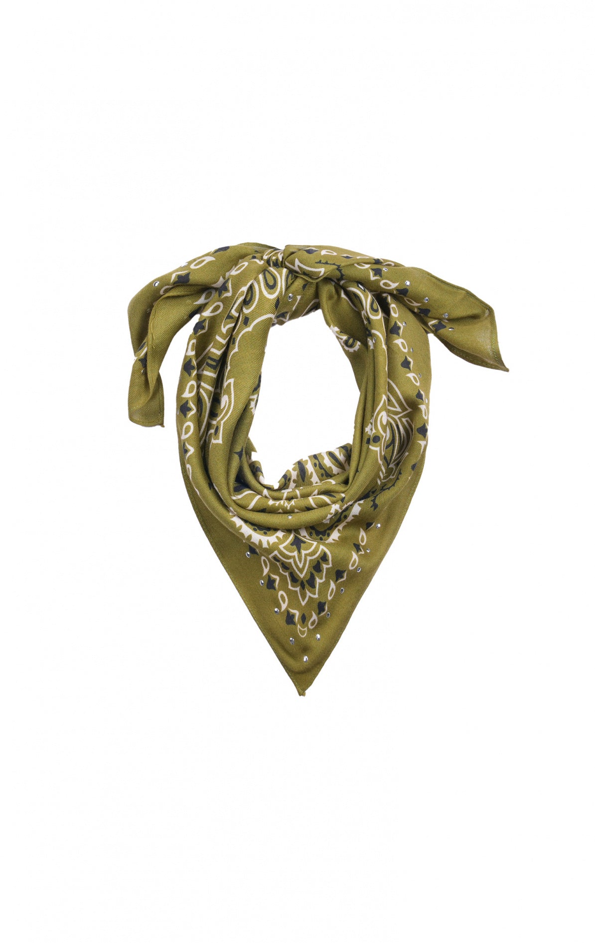 Foulard carré kaki à motif paisley avec décorations sinueuses et studs métalliques