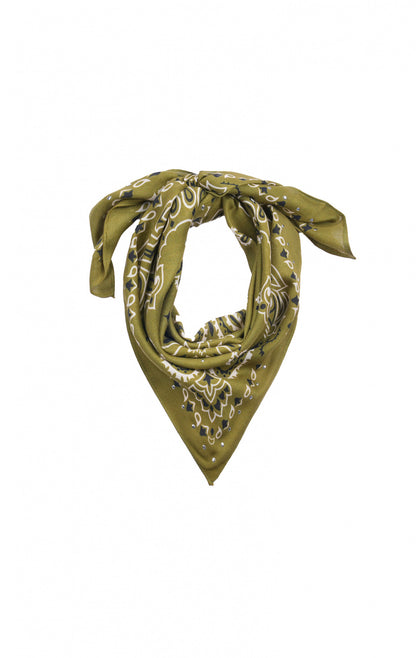 Foulard carré kaki à motif paisley avec décorations sinueuses et studs métalliques