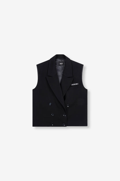 Double Breasted Waiscoat ALIX THE LABEL en tissu noir, sans manches, coupe ample, avec double rangée de boutons et poche poitrine ornée d'un artwork.
