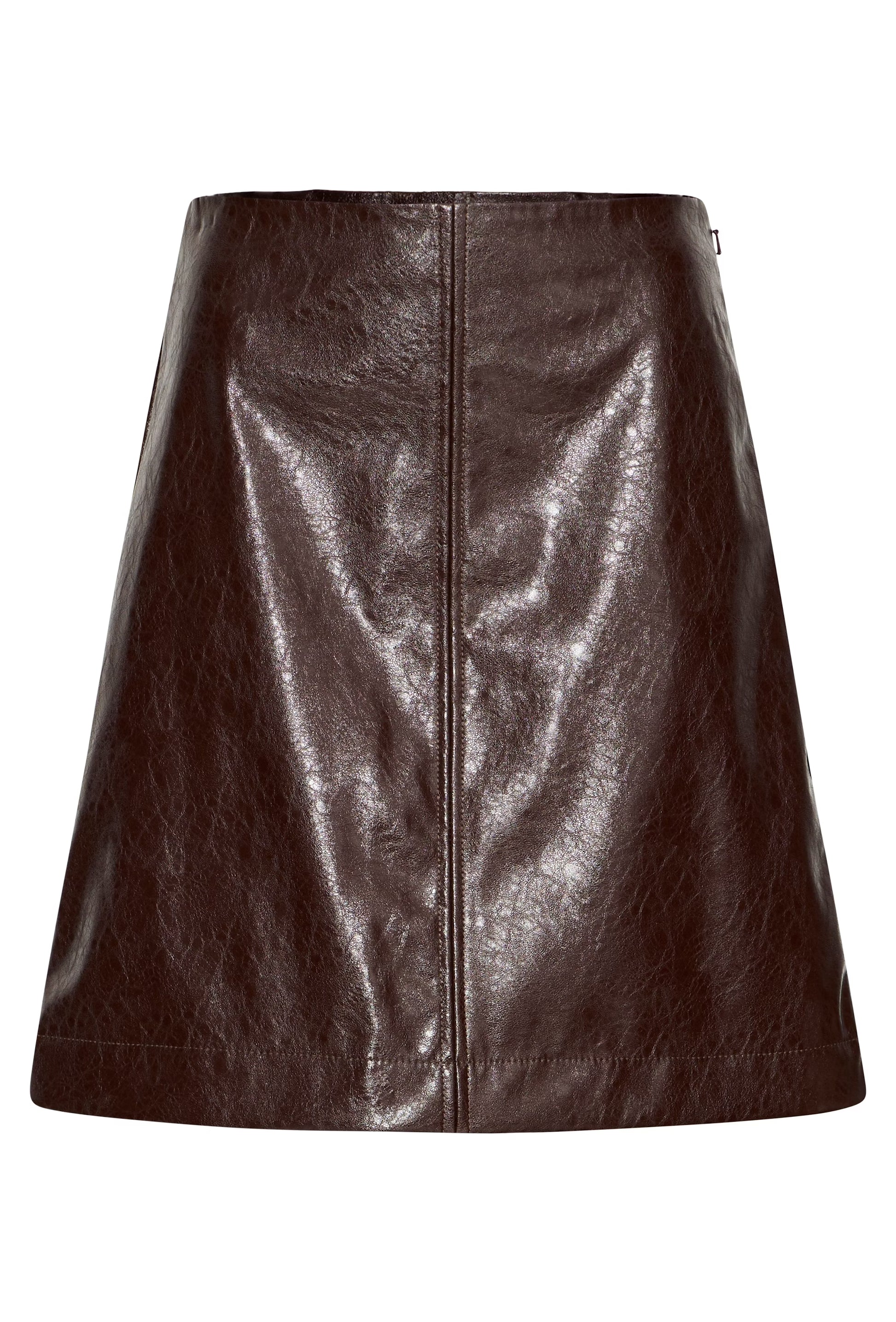 Mini-jupe en simili bordeaux, coupe regular fit, taille haute et longueur au-dessus du genou.