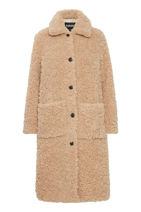 Manteau long teddy beige avec col, vêtements femme Belgique