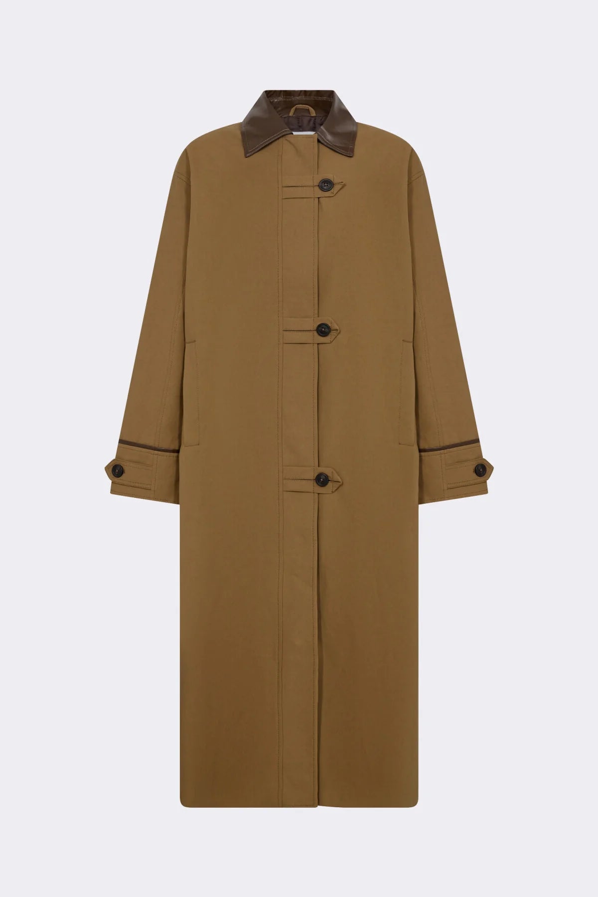 Imperméable long vert olive avec col en cuir vegan marron