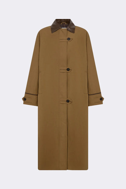 Imperméable long vert olive avec col en cuir vegan marron