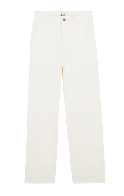 Pantalon William blanc en velous côtelé, coupe droite évasée avec poches plaquées