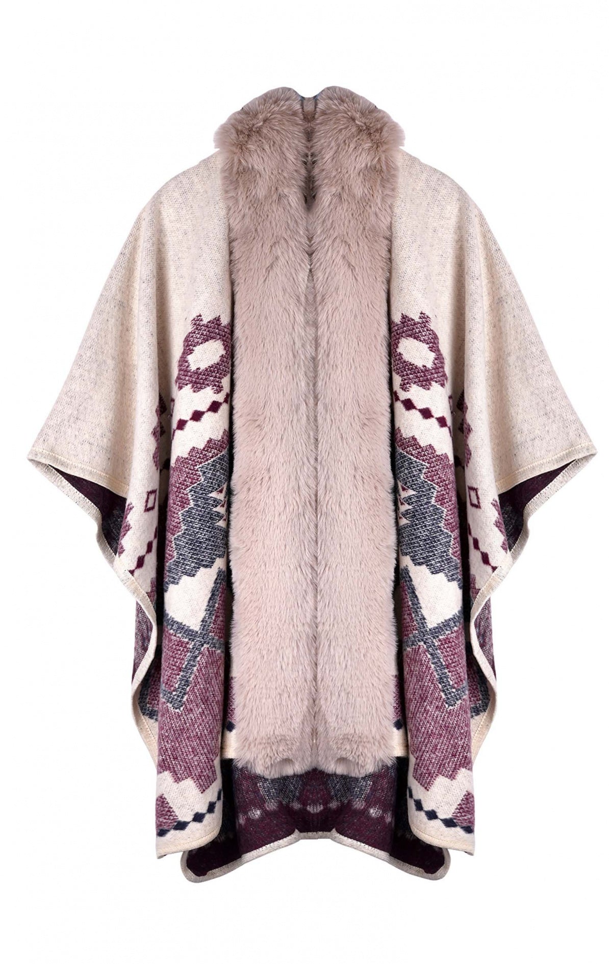 Poncho en jacquard beige à motifs navajos bordeaux et bleus, orné de fausse fourrure beige à l'avant.