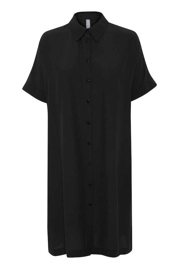 Robe chemise noire oversize avec manches courtes et col chemise