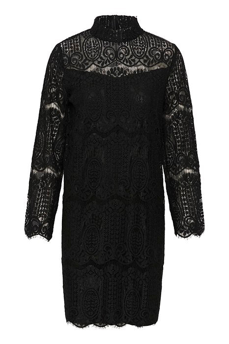 Robe courte noire en dentelle avec col montant et manches longues, tenues de fêtes, boutique Virton Belgique