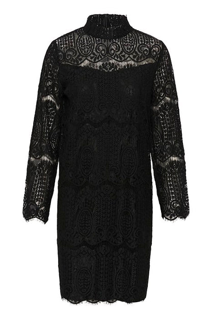 Robe courte noire en dentelle avec col montant et manches longues, tenues de fêtes, boutique Virton Belgique